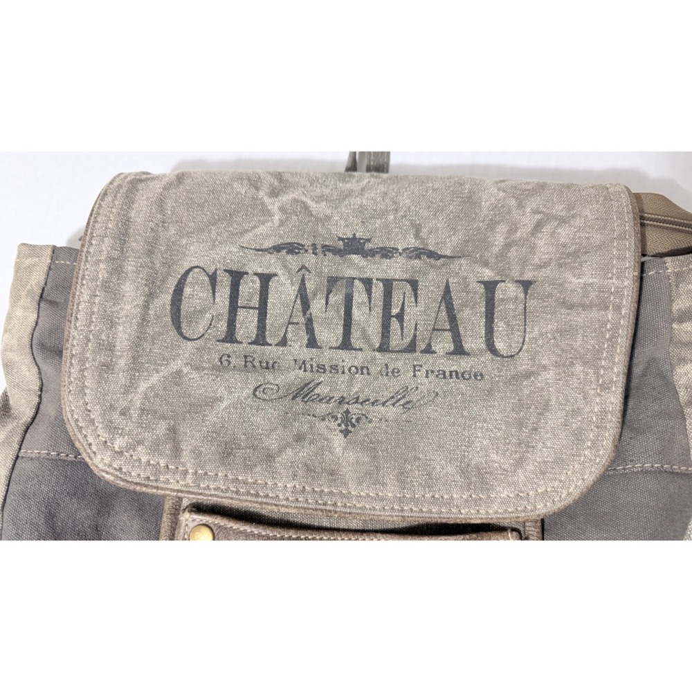 Myra Bag Chateau Marseille Upcycled Canvas Leather Backpack Grey Brown Vintage - Picture 2 of 8